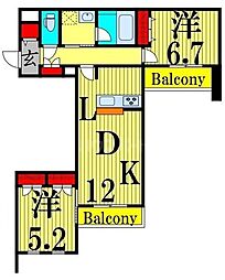 日暮里舎人ライナー 熊野前駅 徒歩3分の賃貸マンション 2階2LDKの間取り