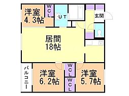 札幌市営東西線 ひばりが丘駅 徒歩7分の賃貸マンション 2階3LDKの間取り