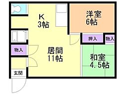 留佳マンションA 2LDKの間取図画像