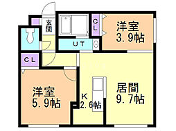 グリーンアベニュー月寒中央 2LDKの間取図画像