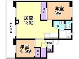 ビレッジハウス江別1号棟 2LDKの間取図画像