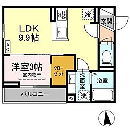 プランタン若里V 2階1LDKの間取り