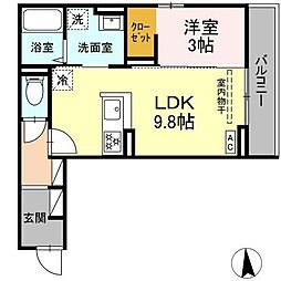 プランタン若里V 2階1LDKの間取り