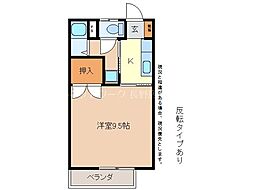 グリーンハイムA棟 2階1Kの間取り