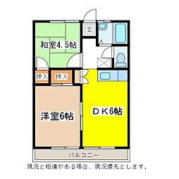 ヴィラ伊勢宮A棟 2階2DKの間取り