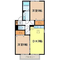 シャルルアモリA棟 2階2DKの間取り