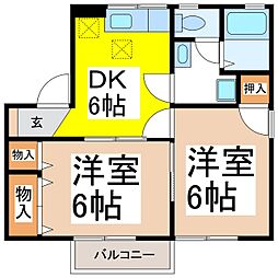 エスパース21B 2階2DKの間取り
