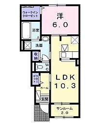 クゥーII 1階1LDKの間取り