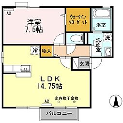ロイヤルガーデンエリナF 2階1LDKの間取り