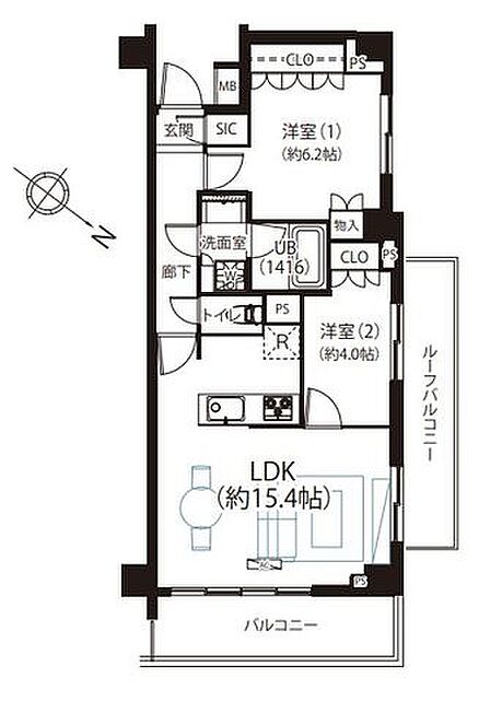 約15.4帖のLDKと2つの洋室があり、玄関のシューズインクローゼットなど各所に収納が備わるほか、ルーフバルコニーとバルコニーの2つの屋外スペースを備えたレイアウトです。