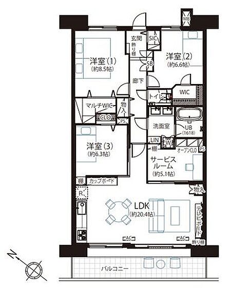 約20.4帖のLDKに加え洋室3部屋とサービスルームを備えた間取りで、ウォークインクローゼットやシューズインクローゼットなど各所に配置された豊富な収納スペースが特徴的なレイアウトとなっています。