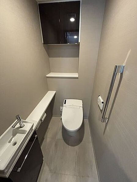 落ち着いた色調のクロスで仕上げられたトイレには、専用の手洗いボウル付きカウンターや上部吊戸棚、立ち座りをサポートする手すりといった設備を備えています。