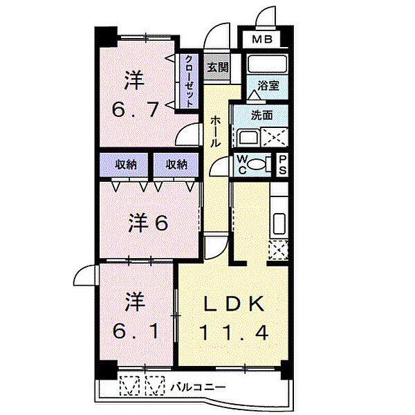 グラースアンジュI ｜和歌山県海南市大野中(賃貸マンション3LDK・2階・67.66㎡)の写真 その2