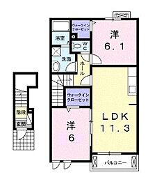 JR予讃線 香西駅 徒歩19分の賃貸アパート 2階2LDKの間取り