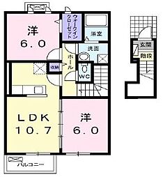 JR高徳線 讃岐白鳥駅 徒歩9分の賃貸アパート 2階2LDKの間取り