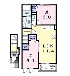 高松琴平電気鉄道長尾線 池戸駅 3.5kmの賃貸アパート 2階2LDKの間取り