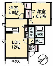 JR土讃線 金蔵寺駅 4.8kmの賃貸アパート 1階2LDKの間取り