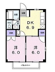 JR予讃線 本山駅 徒歩15分の賃貸アパート 2階2DKの間取り