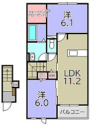 Yフォレスト八日市II−B 2階2LDKの間取り