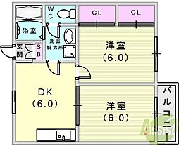 大倉山ハイツB 2DKの間取図画像