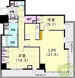 ザ・パークハウス神戸タワー 2LDKの間取図画像