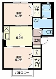 シェソワセレーノＥ・Ｆ 1階2Kの間取り