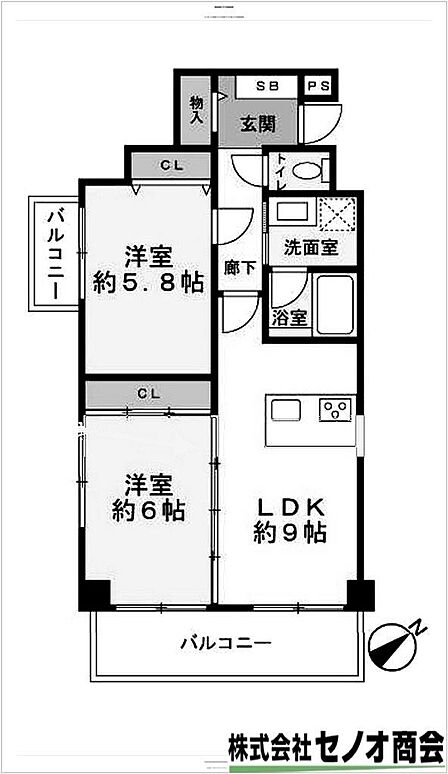 2LDK、価格2280万円、専有面積52.65m2、バルコニー面積9.13m2
