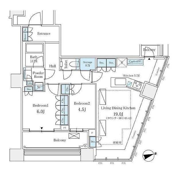 パークタワー勝どきサウス 2514｜東京都中央区勝どき４丁目(賃貸マンション2LDK・25階・72.46㎡)の写真 その2