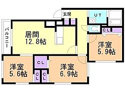 千歳市信濃3丁目マンション 3LDKの間取図画像