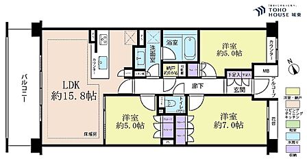 3LDK、専有面積72.88平米、バルコニー面積11.16平米