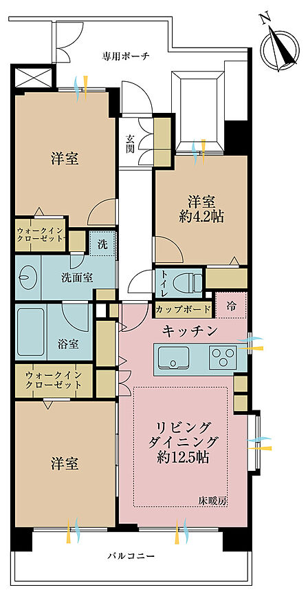 3LDK、専有面積65平米、バルコニー面積9.3平米