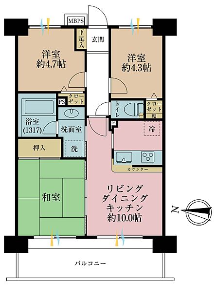 3LDK、専有面積55.2平米、バルコニー面積10.35平米