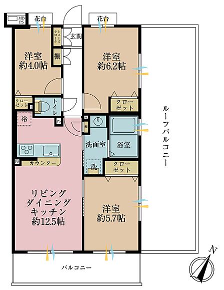 3LDK、専有面積62.3平米、バルコニー面積6.95平米、ルーフバルコニー面積28.75平米