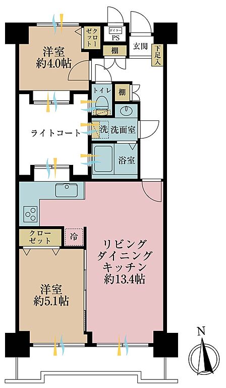 2ＬＤＫ、専有面積54．26平米、バルコニー面積6．34平米