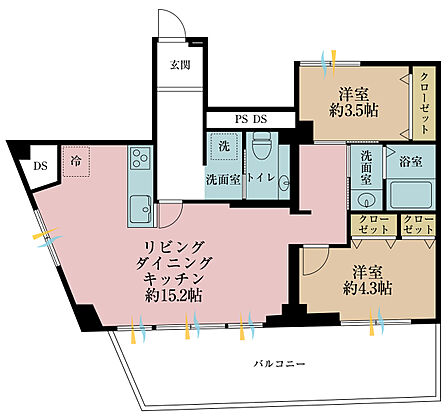 2LDK、専有面積54.97平米、バルコニー面積16.69平米