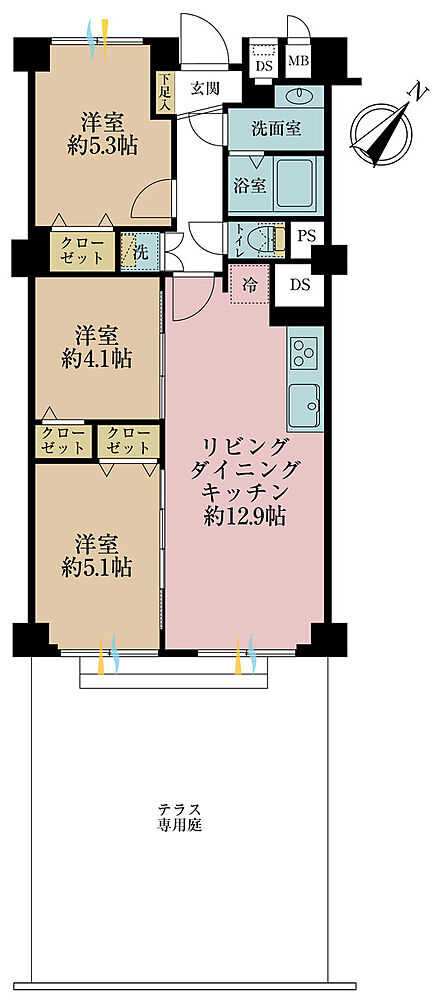 3LDK、専有面積60.5平米、専用庭面積35.2平米