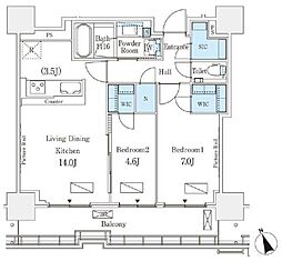 ロイヤルパークス品川 10階2LDKの間取り