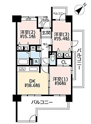 UR都市機構ひばりが丘パークヒルズ8-4号棟 3DKの間取図画像
