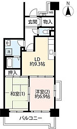 UR都市機構シティハイツ日野旭が丘6号棟 2DKの間取図画像