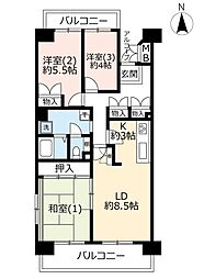 UR都市機構サントゥール中川8号棟 3LDKの間取図画像