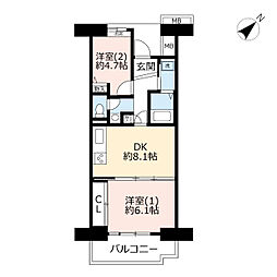 UR都市機構プラザシティ相模大野9号棟 2DKの間取図画像