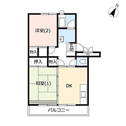 サンヴァリエ平塚13号棟 2DKの間取図画像
