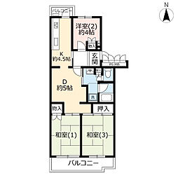 UR都市機構星が丘パークランドひよどり台3号棟 3DKの間取図画像
