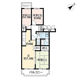 UR都市機構霧が丘グリーンタウン22-2号棟 3DKの間取図画像