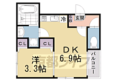 ハーモニーテラス深草仙石屋敷町I 2階1DKの間取り