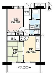 UR都市機構アーバンラフレ虹ケ丘中3号棟 2DKの間取図画像