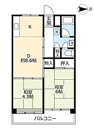 UR尾上 13階2DKの間取り