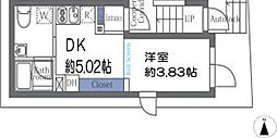 グランデール町屋 2階1DKの間取り