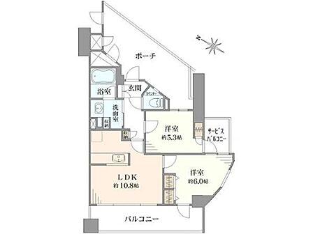 約10.8帖のLDKが広がる2LDKの間取り。ポーチとサービスバルコニーも備え、快適な居住空間を演出します。