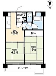 UR都市機構金田一丁目団地5号棟 2DKの間取図画像